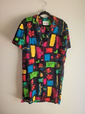 Vintage 80s / 90s Abstract Black And Colorful Floral Dress